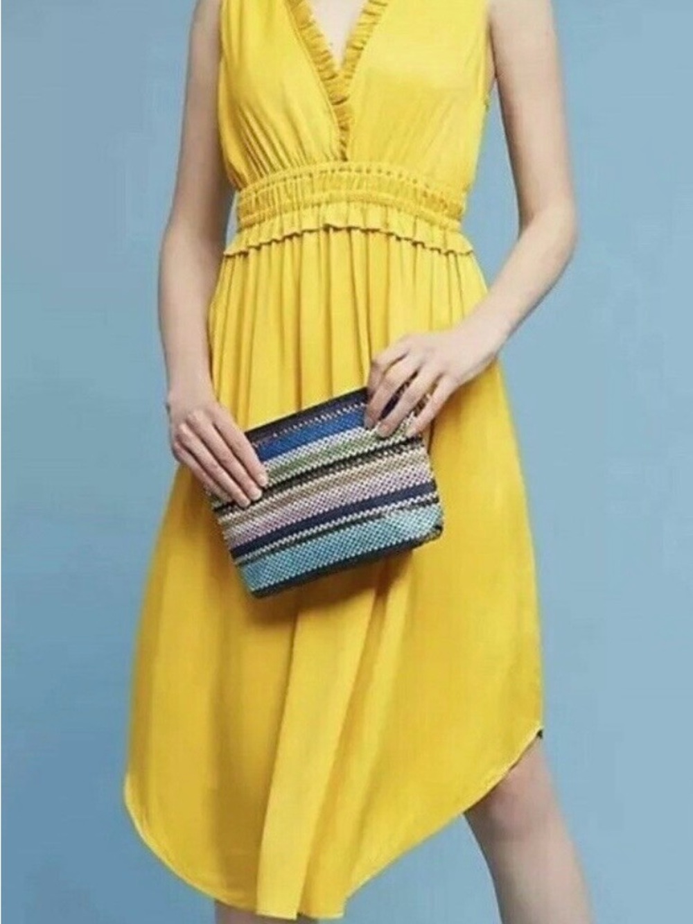 Anthropologie Maeve Dress XS Yellow Ruffle V Neck Sleeveless Boho Midi